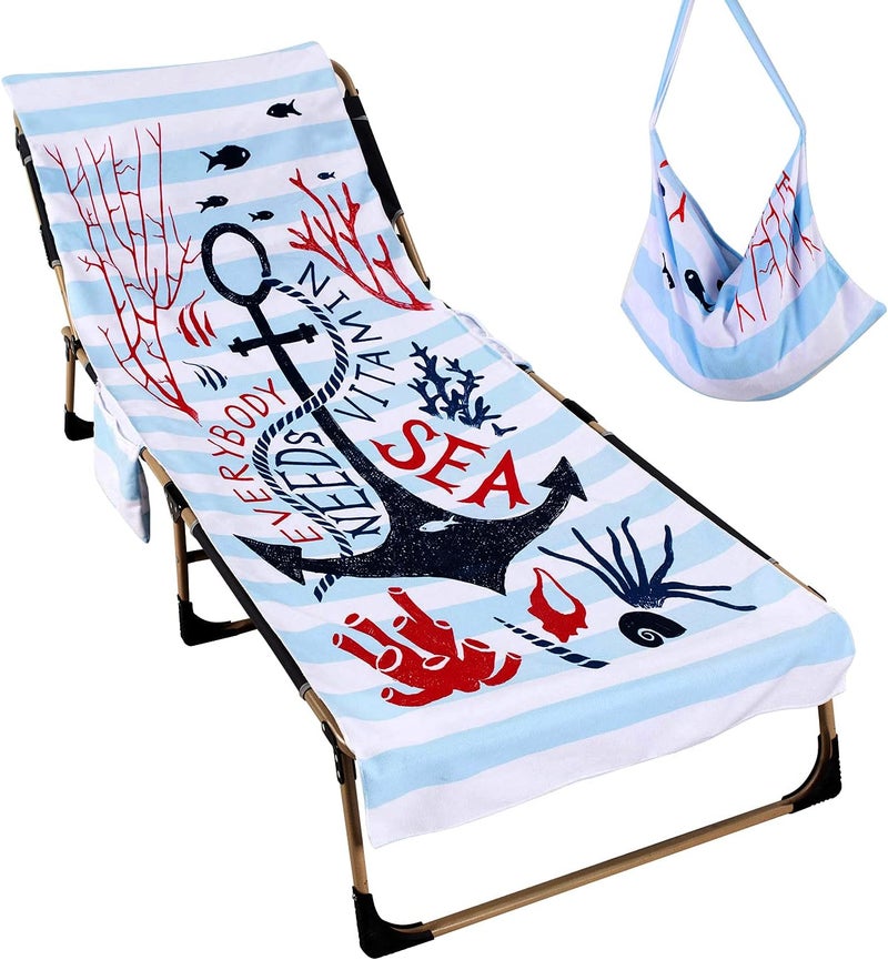 Treeswift Everybody Needs Vitamin Sea Anchor Beach Chair Cover with Side Pockets Thick and Quick Dry Chaise Lounge Chair Towel Cover for Sun Lounger Pool Sunbathing Garden Beach Hotel, No Sliding - Image 1